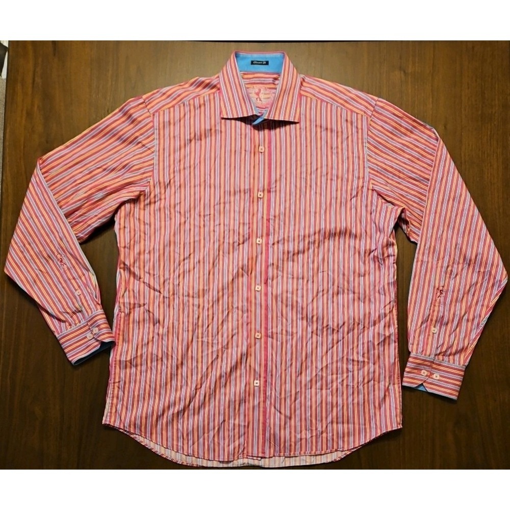 Bugatchi Mens Classic Fit Long Sleeve Button Up Shirt Pink Striped Size L